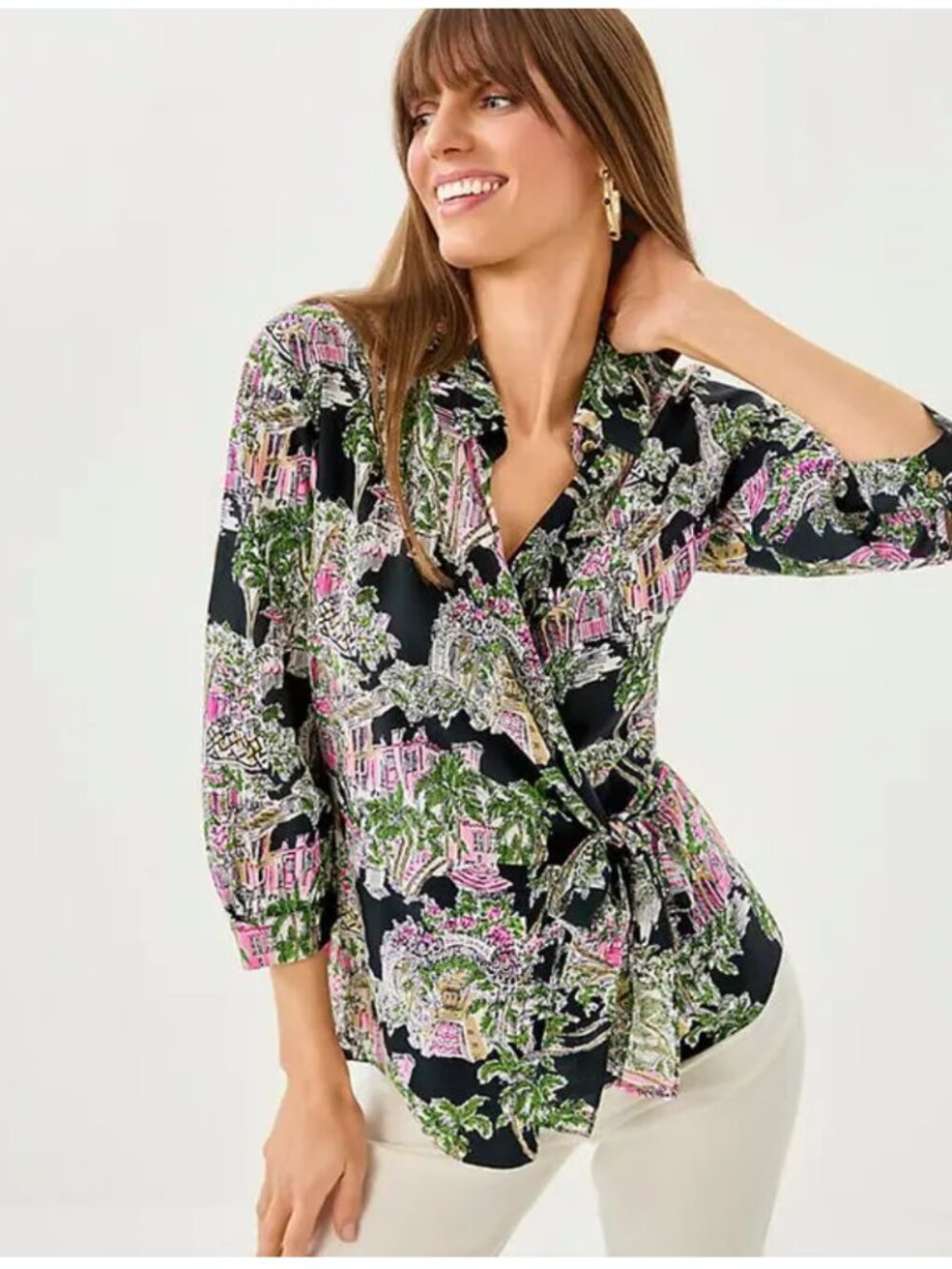 Lilly Pulitzer Casia Satin Wrap Tunic Blouse in Palm Beach Toile Size 6